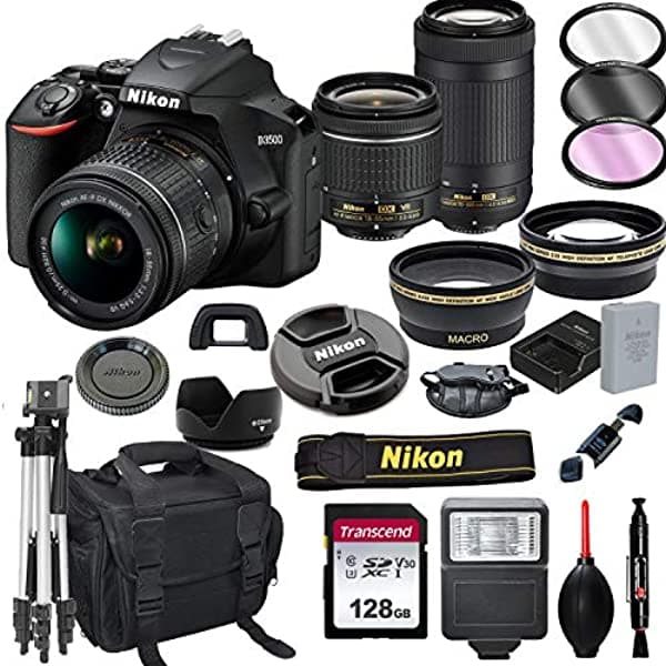 Nikon D3500 Cámara Dslr Con Lentes Vr De 0.709-2.165 In Y Lentes De 2.756-11.811 In + Tarjeta De 128 Gb Trípode Flash Variedad Als Paquete De 21 Piezas