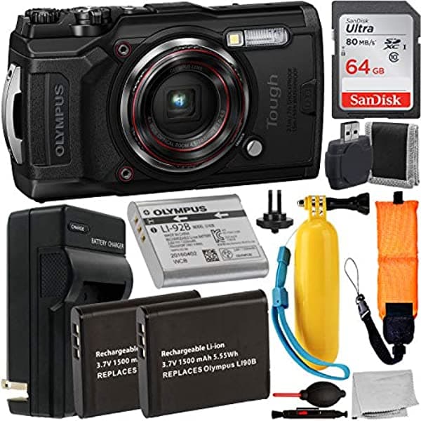 Olympus Cámara Digital Tough Tg-6 (Negro) Con Paquete De Accesorios Esenciales. Incluye Tarjeta De Memoria Sandisk Ultra 64Gb Sdxc + 2 Baterías De Repuesto Para Vendedores Con Cargador + Más V104210RU000