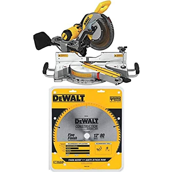 Dewalt Dws779 Sierra De Inglete Compuesta Deslizante De 12 Pulgadas Con Dewalt Dw3128 Series 20 De 12 Pulgadas 80 Dientes Atb Thin Kerf Crosscutting Hoja De Sierra De Inglete Con Eje De 1 Pulgada