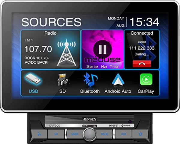 Jensen Car1000 - Receptor Multimedia De Pantalla Táctil Extra Grande De 10.1 Pulgadas Con Apple Carplay Y Android Auto L Integrado Bluetooth Con Transmisión De Música A2Dp Y Soporte Para Agenda De Teléfono