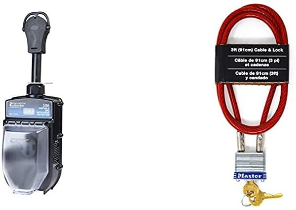 Progressive Industries Ems-Pt50X - Protector De Sobretensión Portátil Para Rv (50 A) + Master Lock 719D Cable De 3 Pies De Largo X 3/16 Pies De Diámetro Con Candado De Acero Laminado Integrado