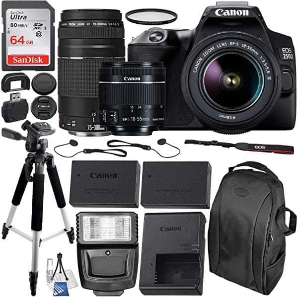 Canon Eos 250D (Rebel Sl3) Cámara Dslr Con Lentes Canon De 0.709-2.165 In Y 2.953-11.811 In Y Paquete De Accesorios Esenciales - Incluye Sandisk Ultra 64 Gb Sdxc Tarjeta De Memoria Batería De Repuesto De Larga Duración Y Más 3454C006