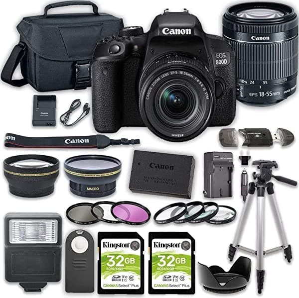 Canon Eos 800D Rebel T7I Dslr Camara Bundle 18-55 Mm Stm Lente + 2Pc Kingston 32Gb Tarjetas De Memoria + Kit De Accesorios