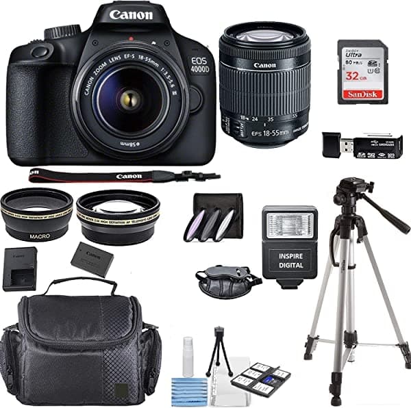 Diginex Canon Eos 4000D Cámara Réflex Digital Con Kit De Lente Dc Iii De 0.709-2.165 In (Negro) Con Paquete De Accesorios El Paquete Incluye Tarjeta Sandisk De 32 Gb + Bolsa Dslr + Trípode De 50 Pulgadas + Tela Digital Inspire (Modelo Internacional) canon4000dbundle