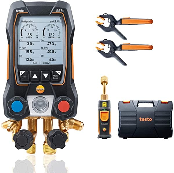 Testo 557s Set de Manifold - Kit de recarga de AC con 2 termómetros de pinza 115i, 1 micrómetro 552i, Bluetooth