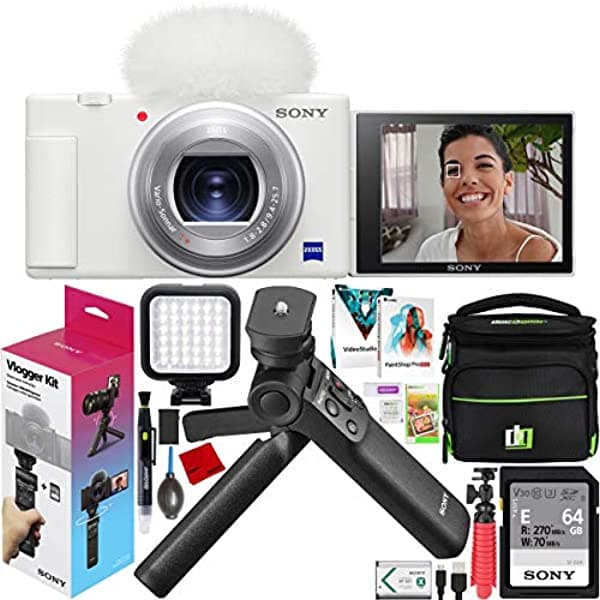 Sony ZV-1 Cámara Digital Compacta 4K Vlogger Kit de Creador ACCVC1 Incluye GP-VPT2BT Shooting Grip Inalámbrico Commander Remoto + Tarjeta de 64GB E2SNDCZV1W