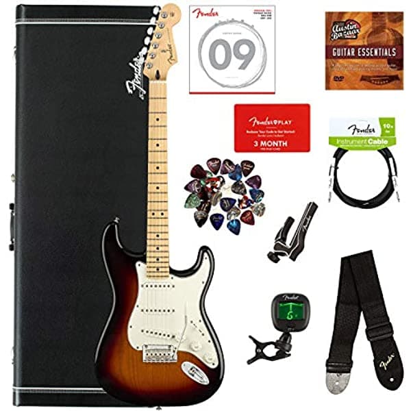 Fender Player Stratocaster Bundle con Estuche Rígido Afinador Correa Cable de Instrumento Cuerdas Púas Cejilla Fender Play Trial y Austin Bazaar Guitarra Essentials DVD - 3-Color Sunburst 0144502500-COMBO-DLX
