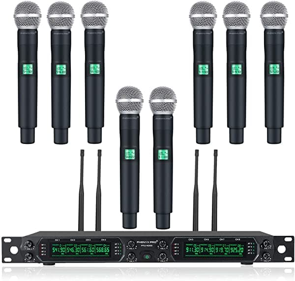 Phenyx Pro - Sistema De Micrófono Inalámbrico Uhf De 8 Canales Con Ocho Micrófonos De Mano Frecuencia Fija Construcción De Metal Largo Alcance De 260 Pies Ideal Para Karaoke Iglesia Eventos (Ptu-4000A) DEMK-JS-0302-024