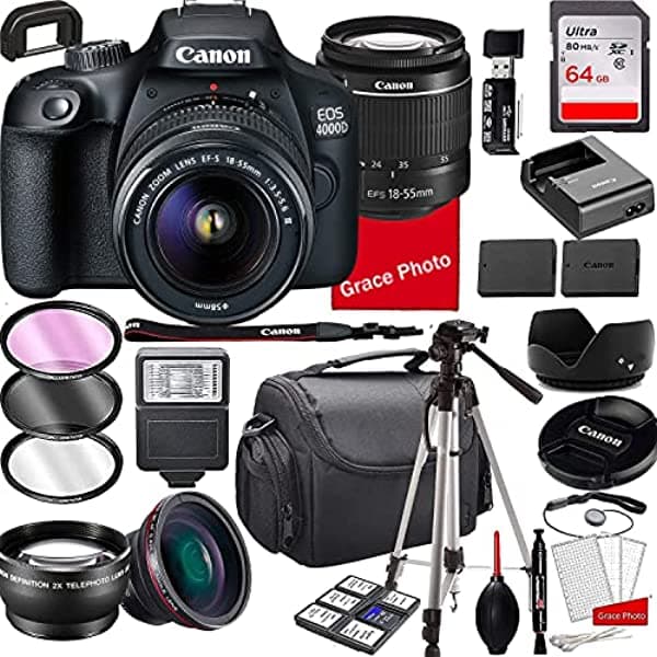 Canon Eos 4000D Cámara Dslr Con Lente De Zoom De 0.709-2.165 In F/3.5-5.6 Memoria De 64 Gb Funda Trípode Y Más (28 Unidades)