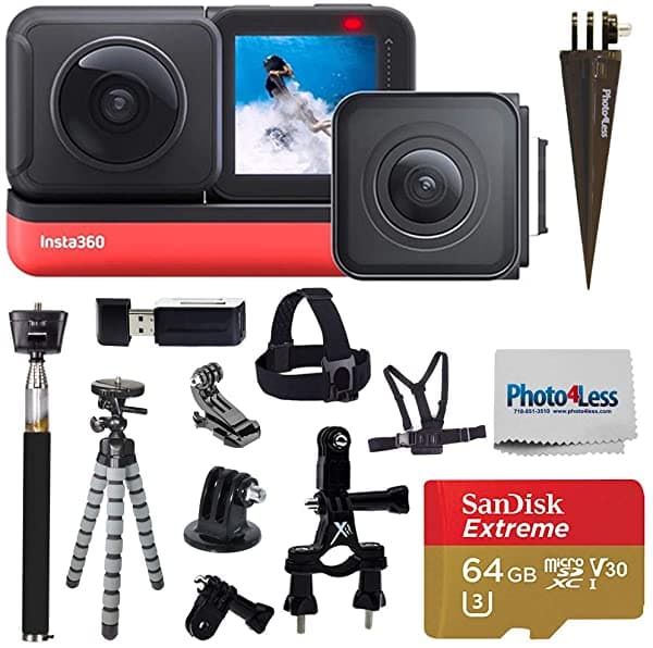 Insta360 One R Twin Edition (Cámara 360 + Gran Angular De 4K) + Sandisk Tarjeta Sd De 64 Gb + Monopie + Correa Para El Pecho + Correa Para La Cabeza + Soporte Para Bicicleta - Paquete De Accesorios Superiores CINAKGP/A K1