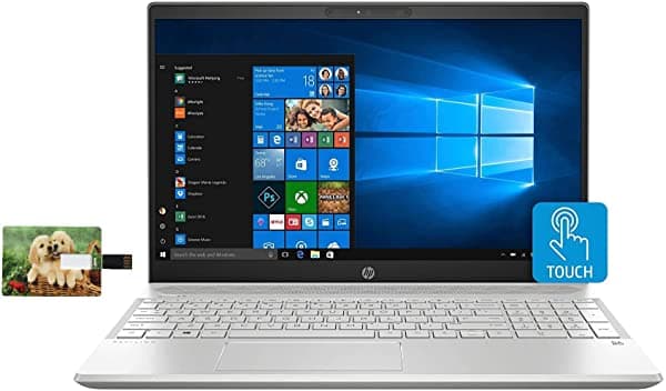 HP Pavilion 15 Notebook 10ª Generación Intel Quad Core i5-1035G1 15.6" HD IPS Pantalla Táctil 12GB RAM 512GB M.2 SSD Wi-Fi 5 Cámara Web B&O Audio USB-C HDMI Windows 10 Pro Tarjeta USB de Tela de 32 GB