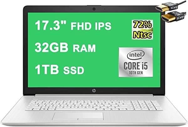 HP Flagship 2021 17 Notebook 17.3" FHD IPS (72% NTSC) 10ª Generación Intel Quad-Core i5-10210U (supera al i7-8550U) 32GB DDR4 1TB Teclado Retroiluminado SSD WiFi DVD Win10 + Cable HDMI hp Laptop Computer