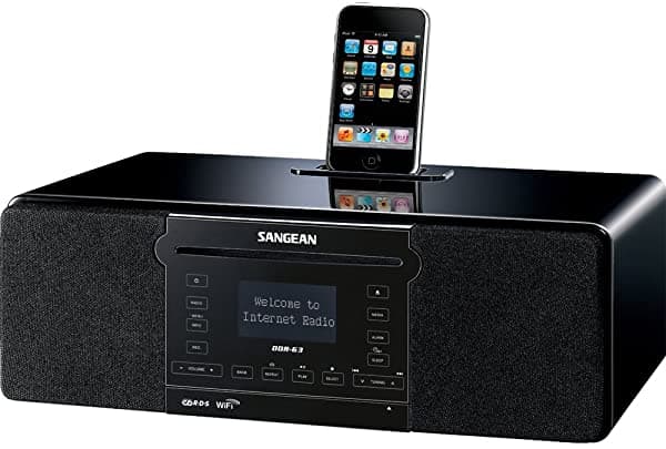 Sangean DDR-63 - Equipo de Escritorio Todo en Uno con Conexión WiFi a Internet FM-RDS/Aux In/CD/USB/Dock para iPod en Gabinete de Madera Diseñado Acústicamente con Receptor de Música Bluetooth Color Negro