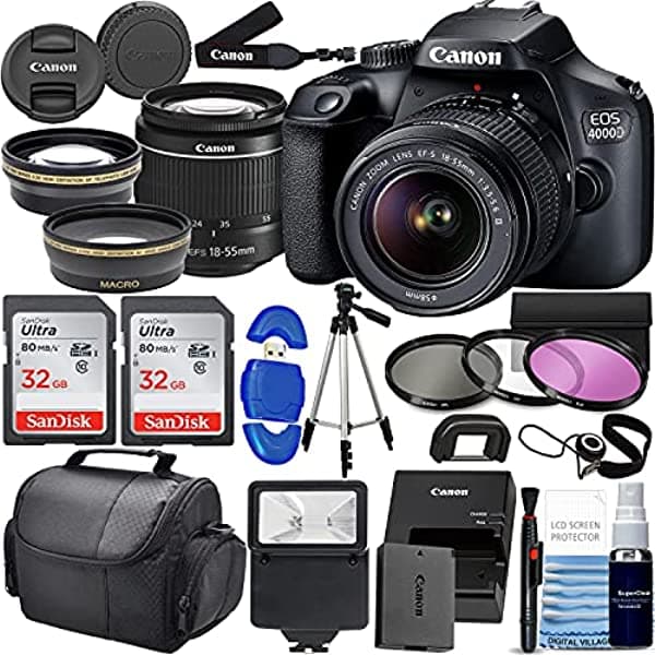Digital Village Canon Eos 4000D 18-55Mm F/3.5-5.6 Iii Lente + Profesional Accessory Bundle 2X Sandisk 32Gb Memory Cards + Case & Wide Angle & Telephoto Lente + More! Canon EOS 4000D / Rebel T100