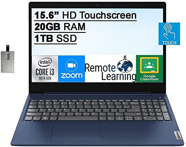 Lenovo IdeaPad 3 2021 - Notebook con Pantalla Táctil HD de 15.6 Pulgadas Procesador Intel Core i3-10110U 20 GB DDR4 RAM 1 TB PCIe SSD Gráficos Intel UHD Dolby Audio Cámara Web HD Win 10 Azul Tarjeta USB de 32 GB