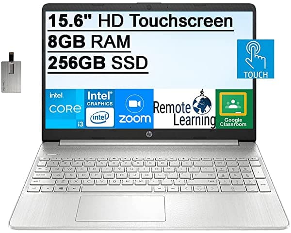 HP 2022 15.6" HD Notebook con Pantalla Táctil 11ª Generación Intel Core i3-1115G4 8GB DDR4 RAM 256GB PCIe SSD Intel UHD Graphics HD Audio 720P HD Cámara Win 11 Plata 32GB Snow Bell USB Card