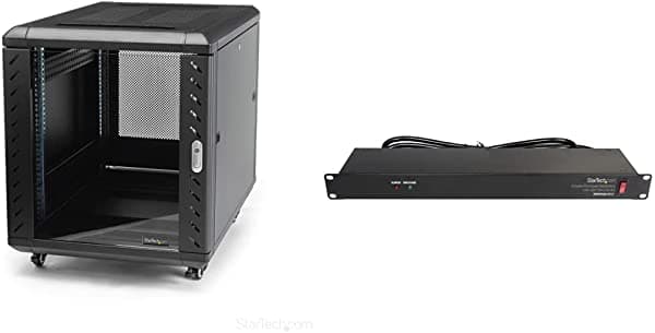 StarTech.com 12U AV Rack Cabinet - Estante De Red Con Puerta De Vidrio Y 8 Salidas Horizontales 1U Montaje En Rack PDU Para Racks De Servidor De Red - Protección Contra Sobretensiones - 120 V/15 A - Con Cable De Alimentación De 6 Pies Color Negro