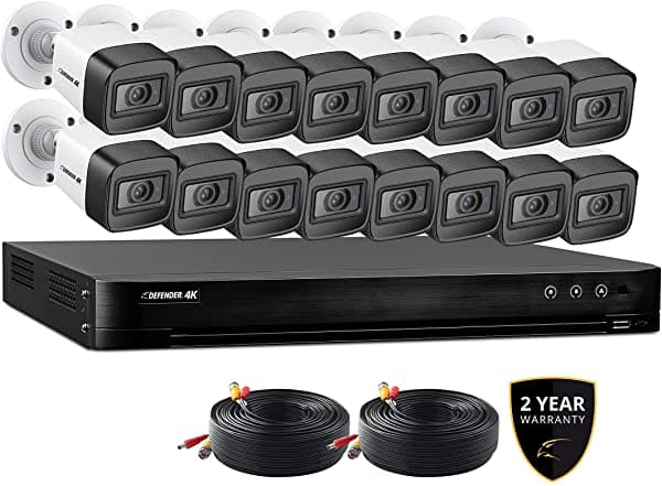Defender Cámaras De Seguridad Con Cable 4K Ultra Hd De Visión Nocturna Cámaras De Detección De Movimiento De Visualización Móvil Vigilancia Al Aire Libre (16 Canales 16 Cámaras + 2 Cables Adicionales De 60 Pies + 2 Años De Garantía) 4K4T16B16SB1