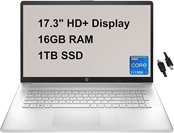 HP 17 Tope De Gama 2021 Notebook Empresarial 17.3" HD+ Pantalla 11ª Generación Intel Core i3-1115G4 (Supera Al i5-8265U) 16GB RAM 1TB SSD USB-C WiFi Webcam Win10 Plata + Cable HDMI Laptop 17
