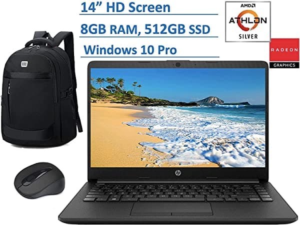 Notebook HP Premium De 14 Pulgadas HD 2020 AMD Athlon Silver 3050U (Supera Al i5-7200U) Hasta 3.2 GHz 8 GB De RAM 512 GB SSD Color Negro Azabache HDMI Cámara Web WiFi Windows 10 Pro Mochila De Notebook Y Paquete De Mouse HP 14" Premium Laptop