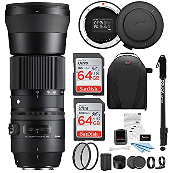 Sigma 150-600mm f/5-6.3 Contemporary DG OS HSM para Nikon con Dock USB, Mochila, Monopie 72", Filtros, Tarjetas 64 GB (2), y Kit de Limpieza (8 ítems) ASIG150600CONNIKK2