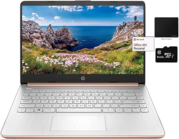 Laptop Hp De 14 Pulgadas Intel 2 Núcleos N4020 8 Gb De Ram 128 Gb De Almacenamiento (64 Gb Emmc + 64 Gb Micro Sd) 1 Año De Oficina Paquete De 10 Con Alfombrilla De Mouse Gapi (Oro Rosa) 231938