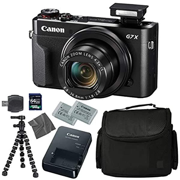 Canon Powershot G7 X Mark Ii Cámara Digital + 64Gb 4K 1200X Tarjeta Sdxc + Pro Case + 2X Nb-13L + Canon Cb-2Lh + Ws-Dc12 Correa + Trípode Flexible + Paño De Limpieza De Microfibra Aom Versión Internacional CNG7XIIKIT
