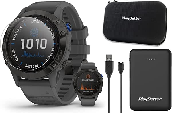 Garmin Fenix 6 Pro Solar (Banda Negra Y Gris Pizarra) Power Bundle | Con Cargador Portátil PlayBetter Y Estuche Rígido | Reloj GPS Multideportivo | Carga Solar PacePro Música | 010-02410-10