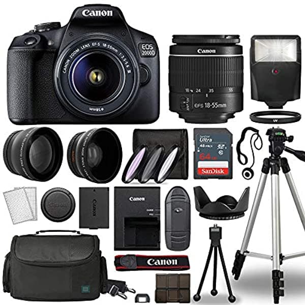 Canon Eos 2000D / Rebel T7 - Cuerpo De Cámara Réflex Digital Con Lente Canon Ef-S 0.709-2.165 In F/3.5-5.6 Multi 3 Lentes Dslr Kit Con Paquete Completo De Accesorios + Trípode + 64Gb + Flash + Funda Y Más - Modelo Internacional