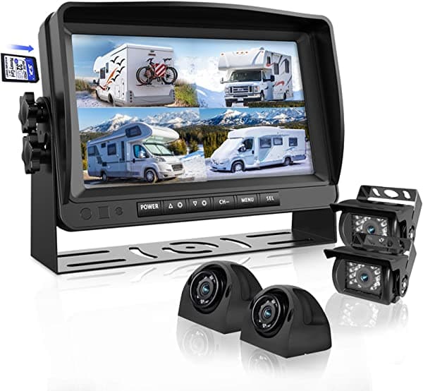 Sistema de Cámara de Retroceso con Monitor Grande de 9 Pulgadas y DVR para Caravana, Semi, Camión, Remolque, Visión Trasera y Lateral, Cámara Quad HD, 4 Pantallas Divididas, Función de Grabación Avanzada, IP69 Resistente al Agua, Evita Puntos Ciegos, eRapta A9