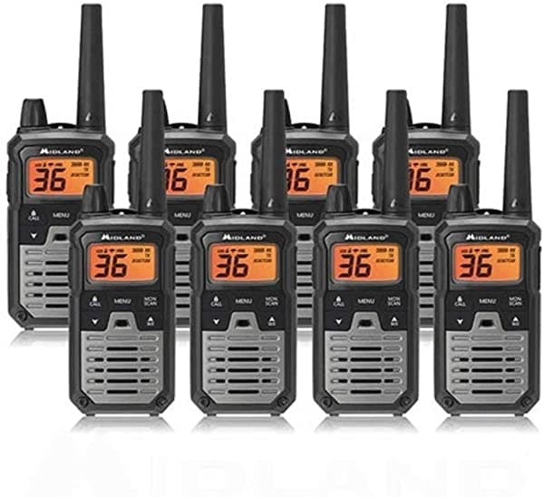 Midland T290X8VP4 X-Talker GMRS Walkie Talkie de Largo Alcance - Handy con Escaneo Meteorológico NOAA + Alerta y 121 Códigos de Privacidad (Negro/Plata, 8 Radios)
