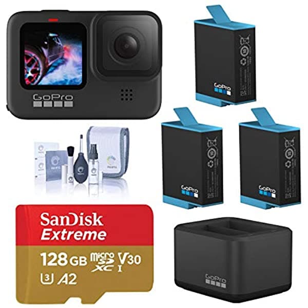 Gopro Hero9 - Cámara Deportiva Y De Acción Impermeable Video 5K/4K Paquete De Energía Con Cargador Doble 3 Baterías Adicionales Tarjeta Microsd De 128 Gb Kit De Limpieza HERO9 Black