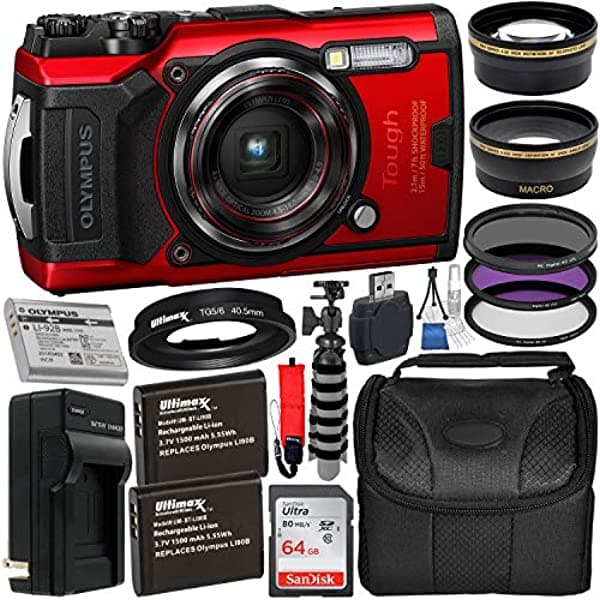 Olympus Cámara Digital Tough Tg-6 Con Paquete De Accesorios De Lujo - Incluye Tarjeta De Memoria Sandisk Ultra 64Gb Sdxc + 2 Baterías De Repuesto Para Vendedores Con Cargador + Tubo Adaptador + Mucho Más V104210BU000