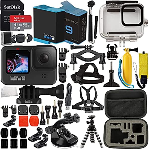 Gopro Hero9 (Hero 9) Cámara De Acción (Negro) Con Paquete De Accesorios De Primera Calidad - Incluye Tarjeta De Memoria Microsd Sandisk Ultra De 64 Gb Batería De Repuesto Carcasa Subacuática Funda De Transporte Y Mucho Más GOH9BPB001