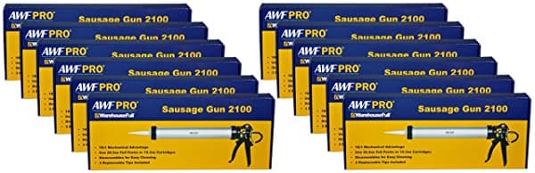 Awf Pro Pistola Para Calafatear Salchicha - Paquete De Papel De 20 Oz / Cartucho Convertible De 10 Oz Empuje 181 Pistola De Calafateo De Salchichas De Aluminio Ideal Para Contratistas Y Bricolaje Puntas Reemplazables Incluidas Paquete De 12 AWF 2100-12