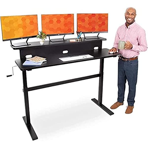 Stand Steady Tranzendesk | Escritorio De Pie De Doble Nivel De 55 Pulgadas | Fácil Altura De Manivela Ajustable Para Sentarse Al Escritorio | Estación De Trabajo De Pie Con Monitor Elevador | Ideal Para El Hogar Y La Oficina (55/Negro) SSTRANSPBLSV