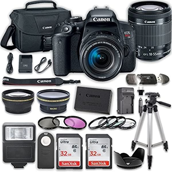 Canon Eos T7I Cámara Dslr Con Lente Is Stm De 0.709-2.165 In + 2 Tarjetas De 32 Gb + Kit De Accesorios 33-T7I18-55-032217