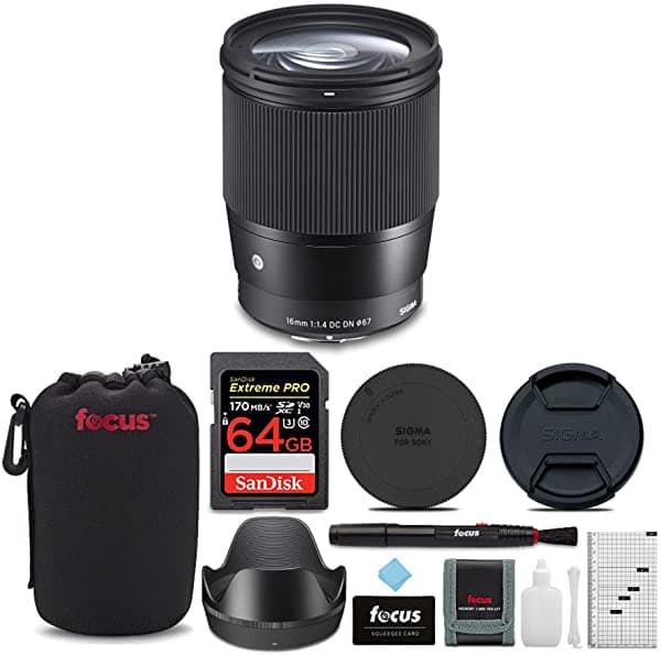 Sigma Lente Contemporary 16mm F/1.4 DC DN para Sony con tarjeta SD Extreme Pro de 64 GB y paquete de accesorios 402965_K2