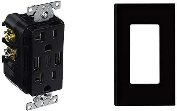 Leviton T5832-E Cargador Usb / Receptáculo Dúplex Resistente A Manipulaciones 20 Amp Negro Con Placas De Pared Sin Tornillos Paquete De 10