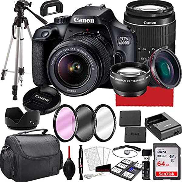 Canon Eos 4000D Cámara Dslr Con Lente De Zoom De 0.709-2.165 In F/3.5-5.6 Memoria De 64 Gb Funda Trípode Y Más (Paquete De 28 Piezas)