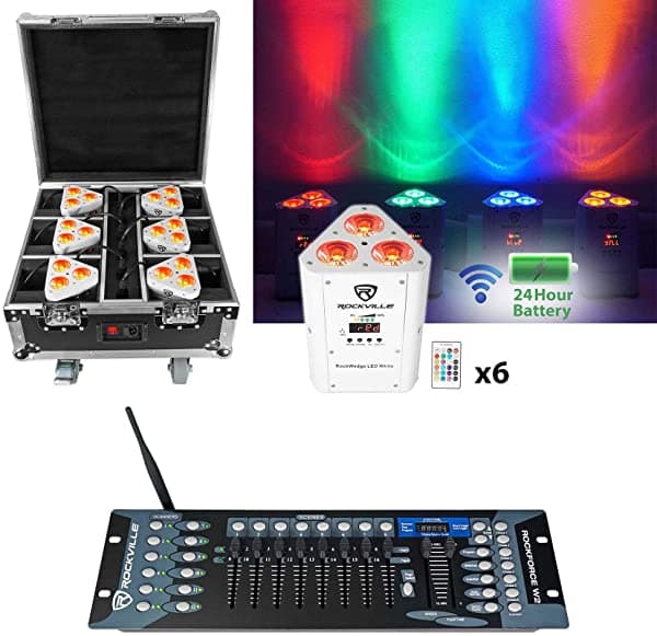 Rockville RockWedge Package White 6 Batería Luces+Case+Inalámbrico DMX Controlador