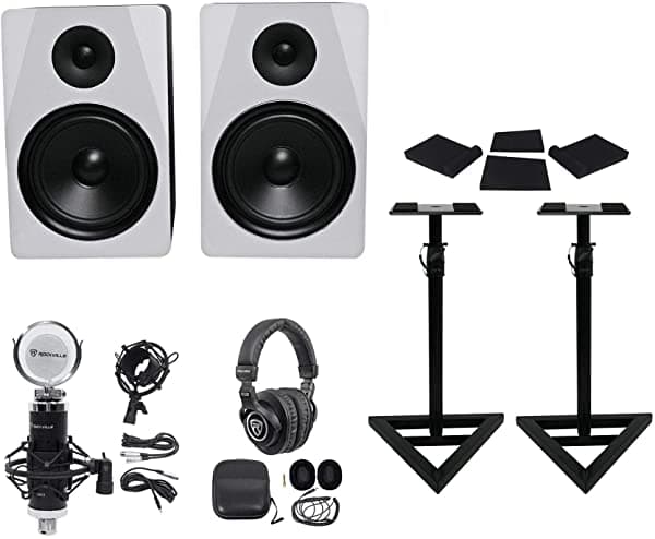 2 Rockville APM8W 8 500W Monitores de Estudio Potenciados+Stands+Pads+Auriculares+Mic APM8W+RVSM1+RRS190S+PRO-M50+RCM03
