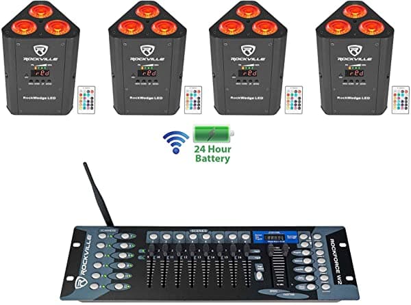 4 Rockville RockWedge LED Batería Potenciados Par Luces+Inalámbrico DMX Controlador