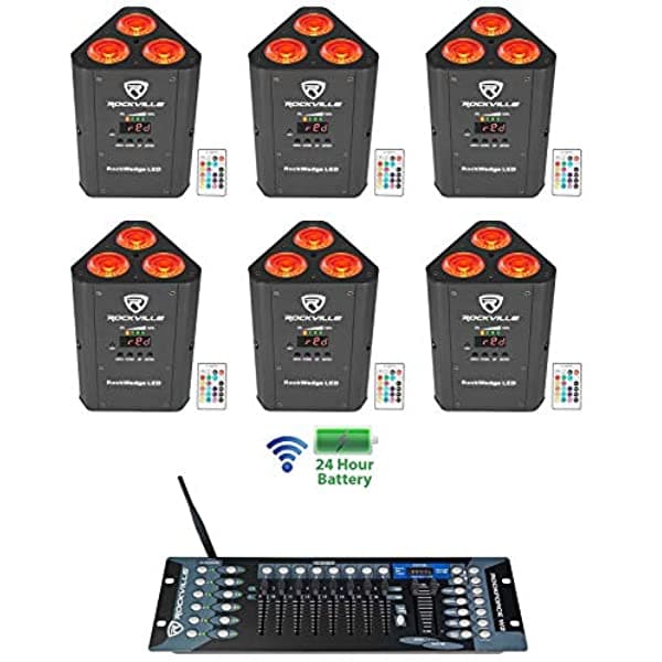 6 Rockville RockWedge LED Batería Potenciados Par Luces+Inalámbrico DMX Controlador