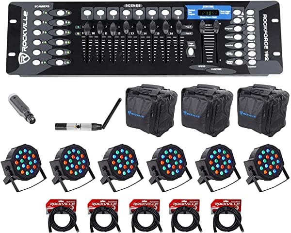 Rockville 192 Canales Dmx Controlador+Transmisor De Iluminaciones+Receptor+6 Paruces ROCKFORCE 192+DMX-WTR+DMX-WRE+6) ROCKPAR