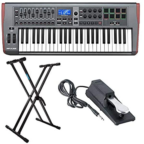 Novation Impulse 49 Teclado Controlador MIDI USB Bundle Knox Gear Soporte de Teclado y Pedal de Sustain 3 Elementos