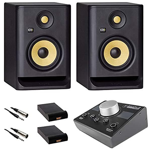 Krk Rokit 5 G4 5" 2 vías Monitor De Estudio (Par) Paquete Con Mackie Big Knob Monitor Controller 2 Almohadillas 2 X Cable Trs-Xlr