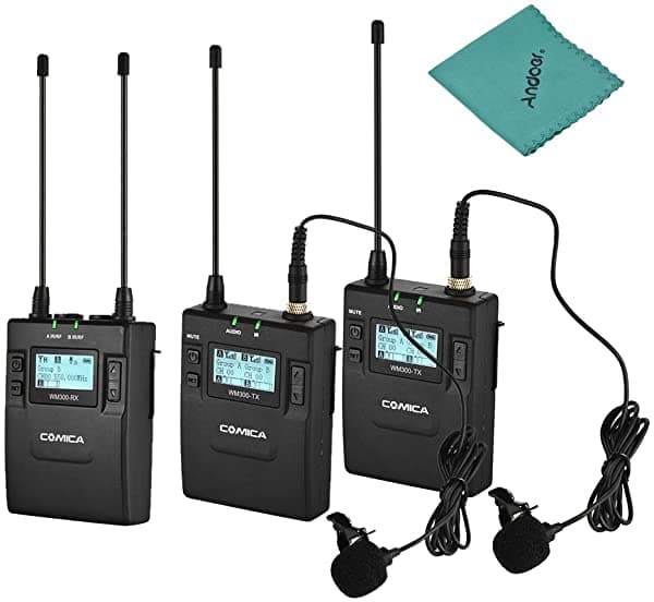 Comica CVM-WM300A UHF 96 Canales Micrófono Inalámbrico, Receptor + 2 Transmisores con Micrófonos Corbateros Dual, Sistema Compatible con Cámara DSLR Nikon Sony