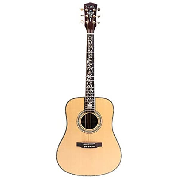 Zuwei 41" Guitarra Acústica Hecha a Mano, Life Flower, Tapa Sólida de Spruce, Incrustaciones de Abalone, Afinadores Grover, Acción Alta, Cejuela de Hueso