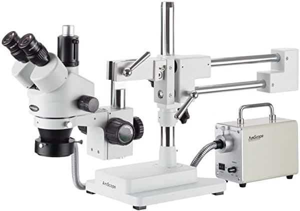 AmScope SM-4T-30WR 7X-45X LED anillo de fibra óptica zoom microscopio estéreo trinocular en soporte de brazo boom de doble brazo con luz